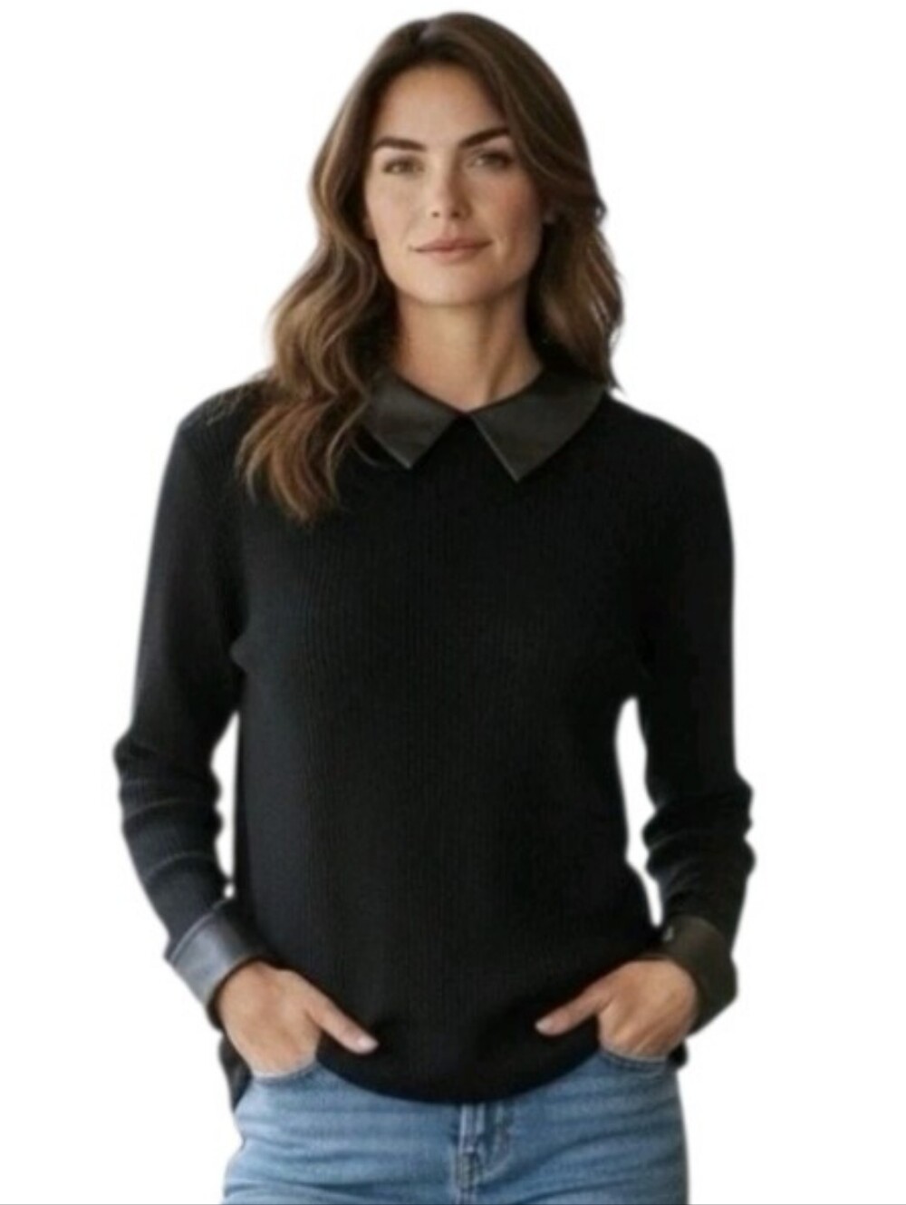 Sioni Black Crewneck Sweater with Faux Leather Collar & Cuffs Medium